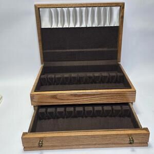 Vintage Solid Oak Wood Silverware Flatware Storage Chest Box  w/Drawer